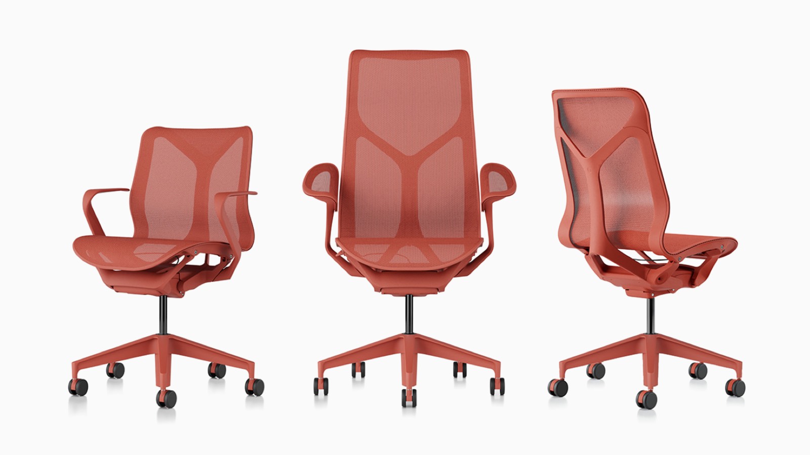 Low-back, high-back en mid-back Cosm ergonomische bureaustoelen met ophanging materialen, bases en frames in Canyon rood.