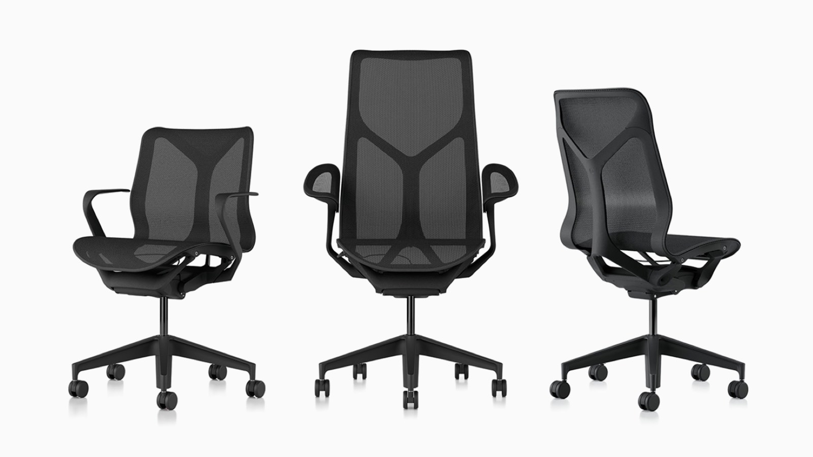 Low-back, high-back en mid-back Cosm ergonomische bureaustoelen met ophanging materialen, bases en frames in Graphite donkergrijs.
